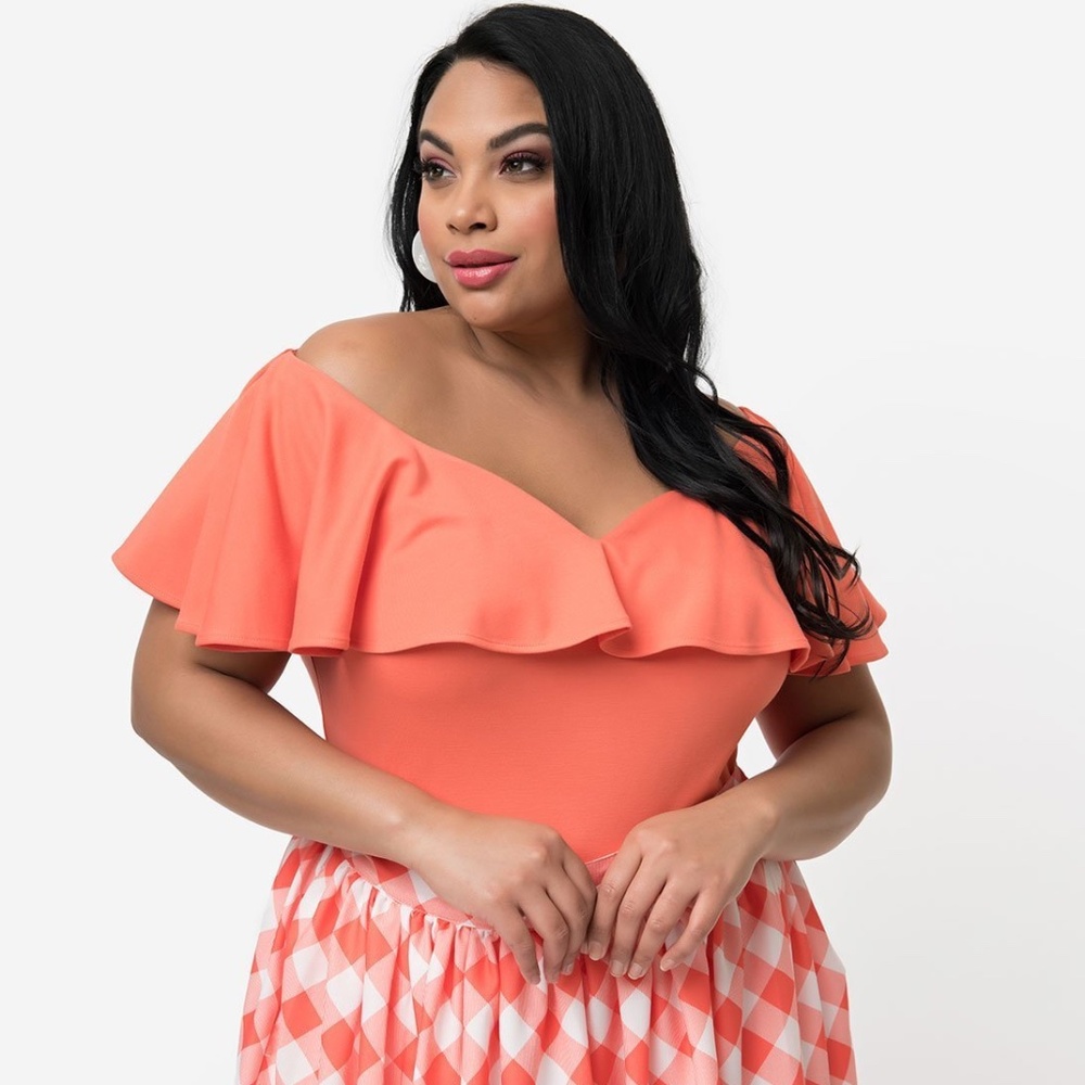 NWT Unique Vintage + Pantone Living Coral Off Shoulder Ruffle Frenchie Top
